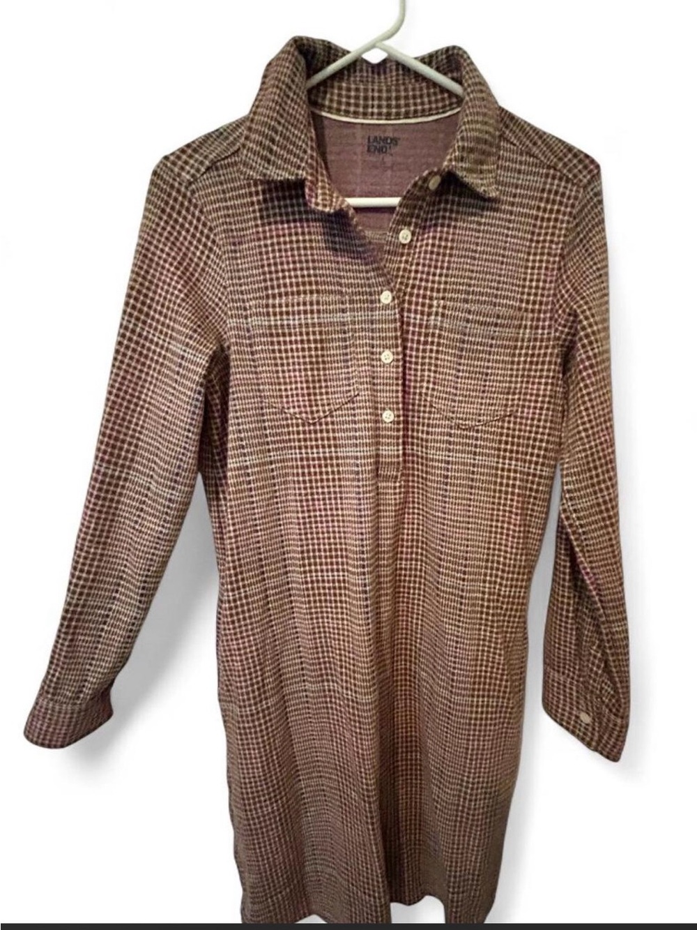 Lands' End Brown Plaid Long-Sleeve Shirt Dress